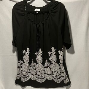 Chic Black Blouse with White Embroidery